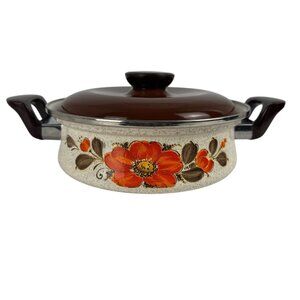 Sanko Ware Show Pans Japan Enamel Coated Orange Flower Covered Lid 9in Saucepan